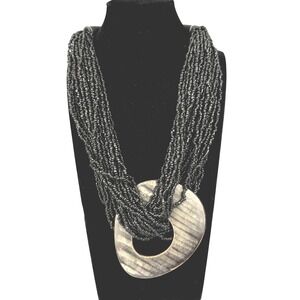 Boho Multi Strand Black Seed Bead Necklace Wood Pendant Tribal Statement Artisan